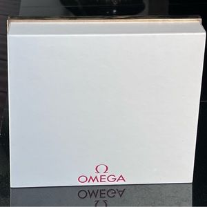 Omega Retail Display-Gold Base-White Leather-Embossed Iconic Red Omega Logo-MINT